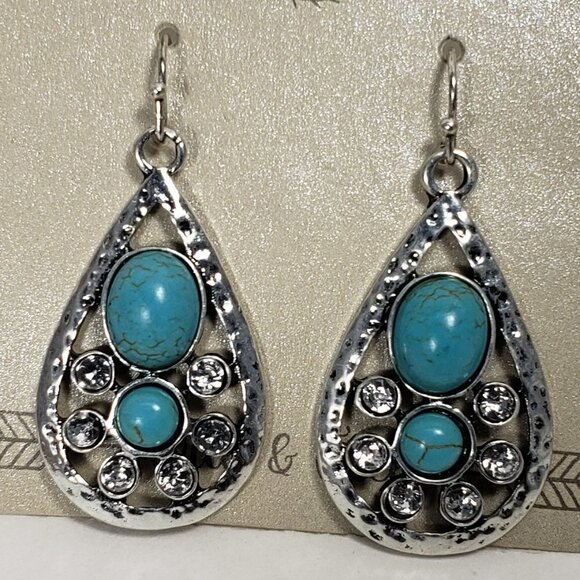 Water Drop Shape Hammered Silver-tone Turquoise Stone, Crystal Teardrop Earrings - Picture 3 of 8